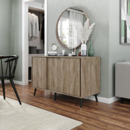 Urbn-Living Urbnliving 3-Door Sliding Cabinet Sideboard Oak Carcass With Oak Doors Storage Organiser Home Cupboard Black Wooden Legs - thumbnail 2