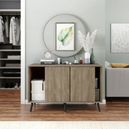 Urbn-Living Urbnliving 3-Door Sliding Cabinet Sideboard Oak Carcass With Oak Doors Storage Organiser Home Cupboard Black Wooden Legs - thumbnail 4
