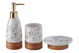 Orsina  3 Pc Bubble Print Bathroom Set, Crisp White  Restroom Accessories Set, Bamboo Base Countertop Holder Set