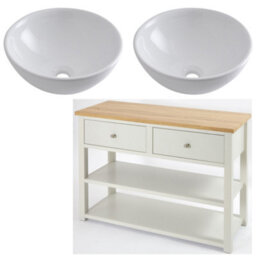 Homestylestore 1215mm Antique White And Oak Bathroom Vanity Unit With Round Countertop Basins And Chrome Round Handles - thumbnail 1