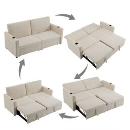 Abrihome 207Cm King Size Fabric Sofa Bed, Convertible Loveseat With Cup Holders & Storage Pockets, Pull Out Chaise Lounge For Living Room - thumbnail 7