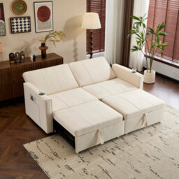 Abrihome 207Cm King Size Fabric Sofa Bed, Convertible Loveseat With Cup Holders & Storage Pockets, Pull Out Chaise Lounge For Living Room - thumbnail 2