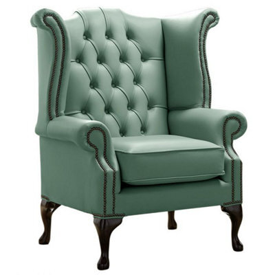 Chesterfield High Back Wing Chair Shelly Lichen Leather Bespoke In Queen Anne Style - image 1