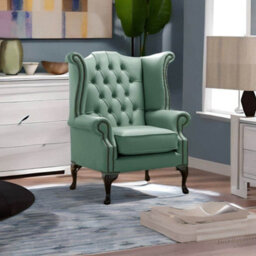 Chesterfield High Back Wing Chair Shelly Lichen Leather Bespoke In Queen Anne Style - thumbnail 2