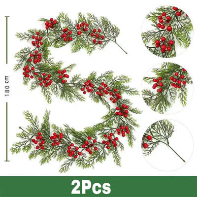Amorly 2Pcs 180Cm Artificial Christmas Cypress Garland With Red Berries, Winter Festive Greenery For Mantel, Stair Railings & Table Decor - image 1