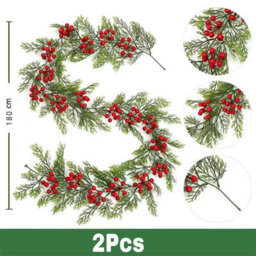 Amorly 2Pcs 180Cm Artificial Christmas Cypress Garland With Red Berries, Winter Festive Greenery For Mantel, Stair Railings & Table Decor - thumbnail 2