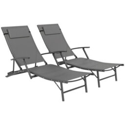 Outsunny Set Of 2 Garden Sun Loungers, Folding Chaise Lounge Chairs, Grey - thumbnail 2