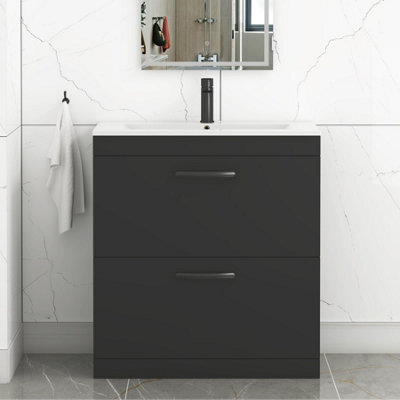 Royal Bathrooms Turin 800mm Floor Standing Vanity Unit Matt Black 2 Drawer Minimalist Basin With Matt Black Handles - image 1