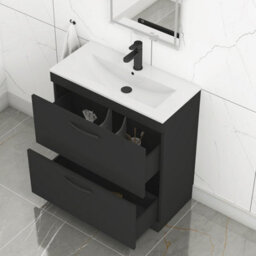 Royal Bathrooms Turin 800mm Floor Standing Vanity Unit Matt Black 2 Drawer Minimalist Basin With Matt Black Handles - thumbnail 5