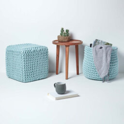 Homescapes Duck Egg Blue Cube Cotton Knitted Pouffe Footstool - thumbnail 6