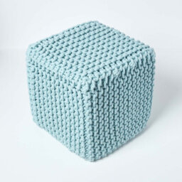 Homescapes Duck Egg Blue Cube Cotton Knitted Pouffe Footstool - thumbnail 3