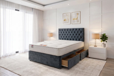 "Knight Sleep Athens Charcoal Plush 2Ft6 Bed Set With Mattress, 2 Drawers Same Side & 24""headboard - Small Single" - image 1