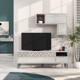 Decortie Heaton Modern Tv Unit Ancient White With Storage And Wall Shelf 144.6Cm - thumbnail 1