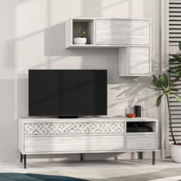 Decortie Heaton Modern Tv Unit Ancient White With Storage And Wall Shelf 144.6Cm - thumbnail 4
