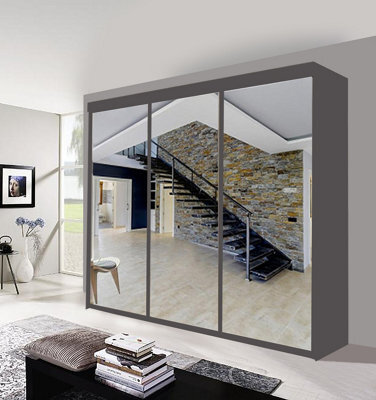 Milan Sliding Mirror Door Wardrobe With Hanging Rails & Shelves ( Grey , 250 Cm ) - image 1