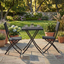 Brown 3 Piece Rattan Bistro Dining Set Outdoor Garden Balcony Folding Table Chair - thumbnail 4