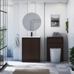Royal Bathrooms Livora 600mm Walnut Woodgrain Floor Standing Bathroom Vanity Unit 2 Door With Ceramic Basin & Matt Black Handle - thumbnail 3