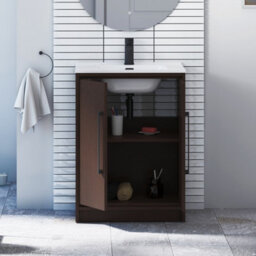 Royal Bathrooms Livora 600mm Walnut Woodgrain Floor Standing Bathroom Vanity Unit 2 Door With Ceramic Basin & Matt Black Handle - thumbnail 4