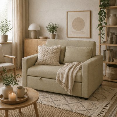 Wyld Haus Venido Loni Beige 2-Seater Fabric Sofa Bed With Side Pockets And Cushions - image 1