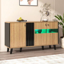 Abrihome 140X41X78.5 Cm, Modern Led Sideboard In Wood & Black, Glass Front With Integrated Lighting - thumbnail 1