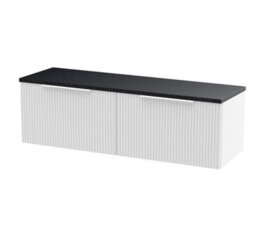 Hudson Reed Fluted Wall Hung 2-Drawer Vanity Unit & Black Marble Laminate Worktop, Counter Top Vanity Unit In Satin White, 1200mm