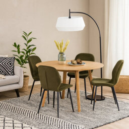 Wyld Haus Debrecen Solid Oak Round Dining Table With 4 Olive Green Corduroy Chairs By