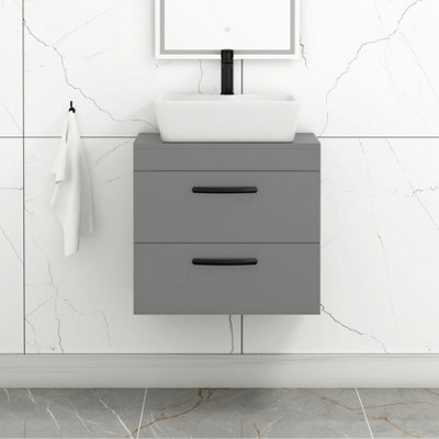 Royal Bathrooms 600mm Wall Hung Vanity Unit 2 Drawer Indigo Grey Gloss & Cube Countertop Basin With Matt Black Handle - image 1