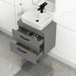 Royal Bathrooms 600mm Wall Hung Vanity Unit 2 Drawer Indigo Grey Gloss & Cube Countertop Basin With Matt Black Handle - thumbnail 3