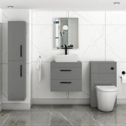 Royal Bathrooms 600mm Wall Hung Vanity Unit 2 Drawer Indigo Grey Gloss & Cube Countertop Basin With Matt Black Handle - thumbnail 2