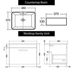 Royal Bathrooms 600mm Wall Hung Vanity Unit 2 Drawer Indigo Grey Gloss & Cube Countertop Basin With Matt Black Handle - thumbnail 4