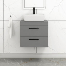 Royal Bathrooms 600mm Wall Hung Vanity Unit 2 Drawer Indigo Grey Gloss & Cube Countertop Basin With Matt Black Handle