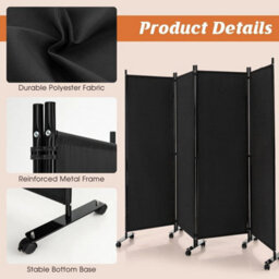 Rolling 4-Panel Room Divider 172Cm Folding Privacy Screen Portable Wall Divider - thumbnail 3