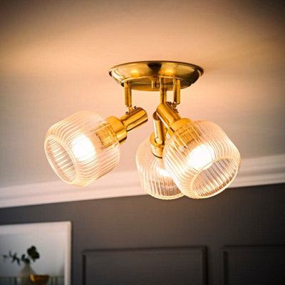 Valuelights Calpe 3 Way Brushed Gold Adjustable Ceiling Spotlight With Ribbed Clear Shades And Bulbs - image 1