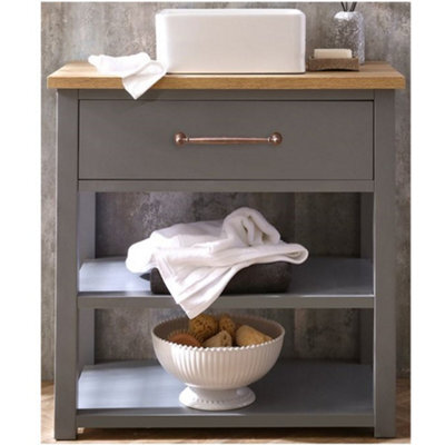 Homestylestore Light Grey And Oak 840mm Bathroom Cloakroom Vanity Unit With Square Countertop Basin And Aged Bronze T Bar Handle - image 1