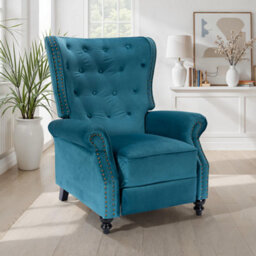Velvet Teal Buttoned Wingback Recliner Chair - thumbnail 1
