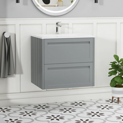 Royal Bathrooms Elmore 600mm Traditional Wall Hung 2 Drawer Bathroom Vanity Unit With Matt Stone Basin Sink - Matt Pebble Grey - image 1
