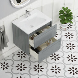 Royal Bathrooms Elmore 600mm Traditional Wall Hung 2 Drawer Bathroom Vanity Unit With Matt Stone Basin Sink - Matt Pebble Grey - thumbnail 5