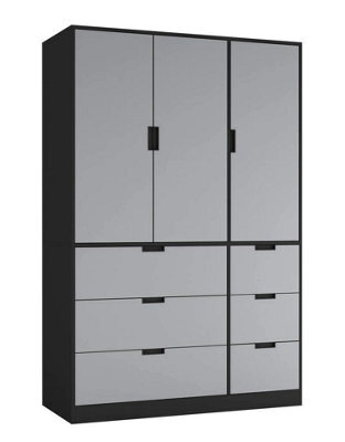 Urbn-Living Urbnliving Wooden 3 Door 6 Drawer Wardrobe Bedroom Storage Closet Shelves Hanging Rail Black Unit - Grey Doors Drawers - image 1