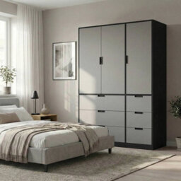 Urbn-Living Urbnliving Wooden 3 Door 6 Drawer Wardrobe Bedroom Storage Closet Shelves Hanging Rail Black Unit - Grey Doors Drawers - thumbnail 2