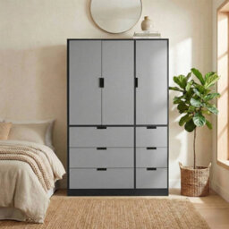 Urbn-Living Urbnliving Wooden 3 Door 6 Drawer Wardrobe Bedroom Storage Closet Shelves Hanging Rail Black Unit - Grey Doors Drawers - thumbnail 3