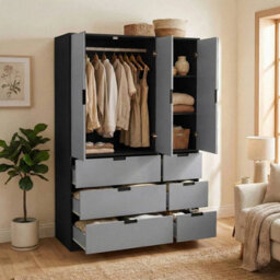 Urbn-Living Urbnliving Wooden 3 Door 6 Drawer Wardrobe Bedroom Storage Closet Shelves Hanging Rail Black Unit - Grey Doors Drawers - thumbnail 4