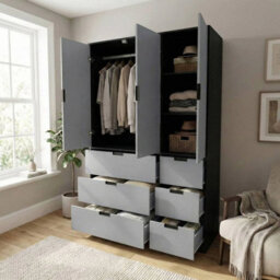 Urbn-Living Urbnliving Wooden 3 Door 6 Drawer Wardrobe Bedroom Storage Closet Shelves Hanging Rail Black Unit - Grey Doors Drawers - thumbnail 5