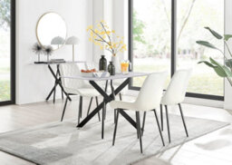 Furniturebox Uk Leonardo White Glass Marble Effect Black Leg Table & 4 Cream Pesaro Black Leg Chairs