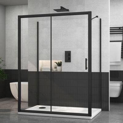 Royal Bathrooms Milan 1500 X 700mm Matt Black 3-Sided Sliding Door Shower Enclosure Rectangular With Side Panels 6mm Glass Screen - image 1