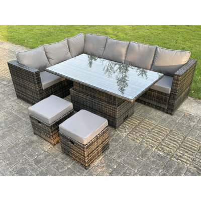 Fimous Dark Mixed Grey Pe Rattan Garden Furniture Corner Sofa Set Adjustable Rising Lifting Dining Or Coffee Table  Set 8 Seats - image 1