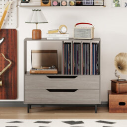 Gainoom Grey Record Player Stand Mid Century Turntable Stand Record Storage Cabinet - thumbnail 4