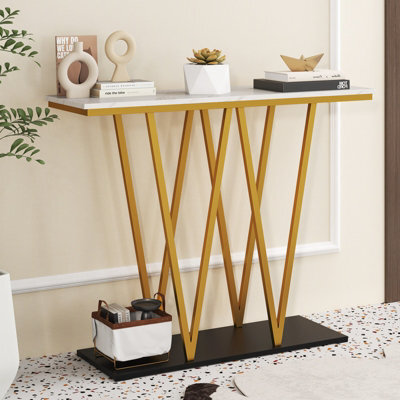 Costway Console Table W/ Faux Marble Top 100Cm Long Entry Table Metal Frame - image 1