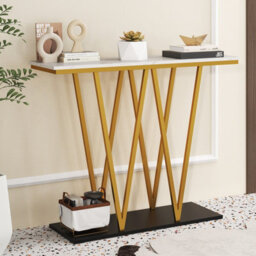Costway Console Table W/ Faux Marble Top 100Cm Long Entry Table Metal Frame - thumbnail 1
