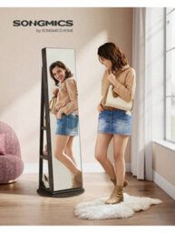 Songmics 6 Leds Mirror Jewellery Cabinet, Swivel Jewellery Storage Organiser, Free-Standing Frameless Full-Length Mirror - thumbnail 1