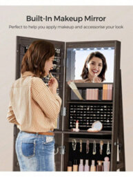 Songmics 6 Leds Mirror Jewellery Cabinet, Swivel Jewellery Storage Organiser, Free-Standing Frameless Full-Length Mirror - thumbnail 3